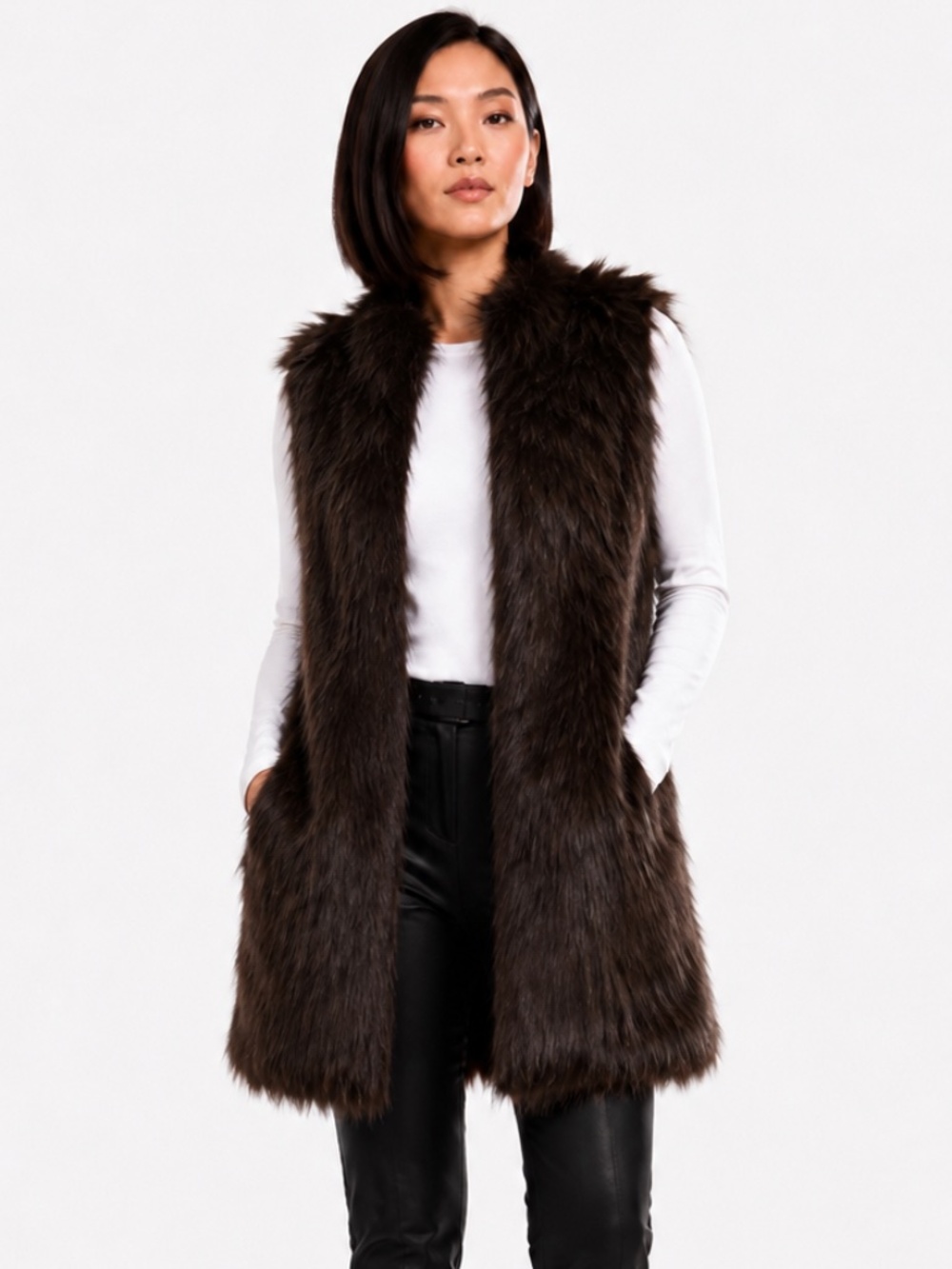NWT Donna Salyers Fabulous Furs Faux Fox Long Vest Espresso XS